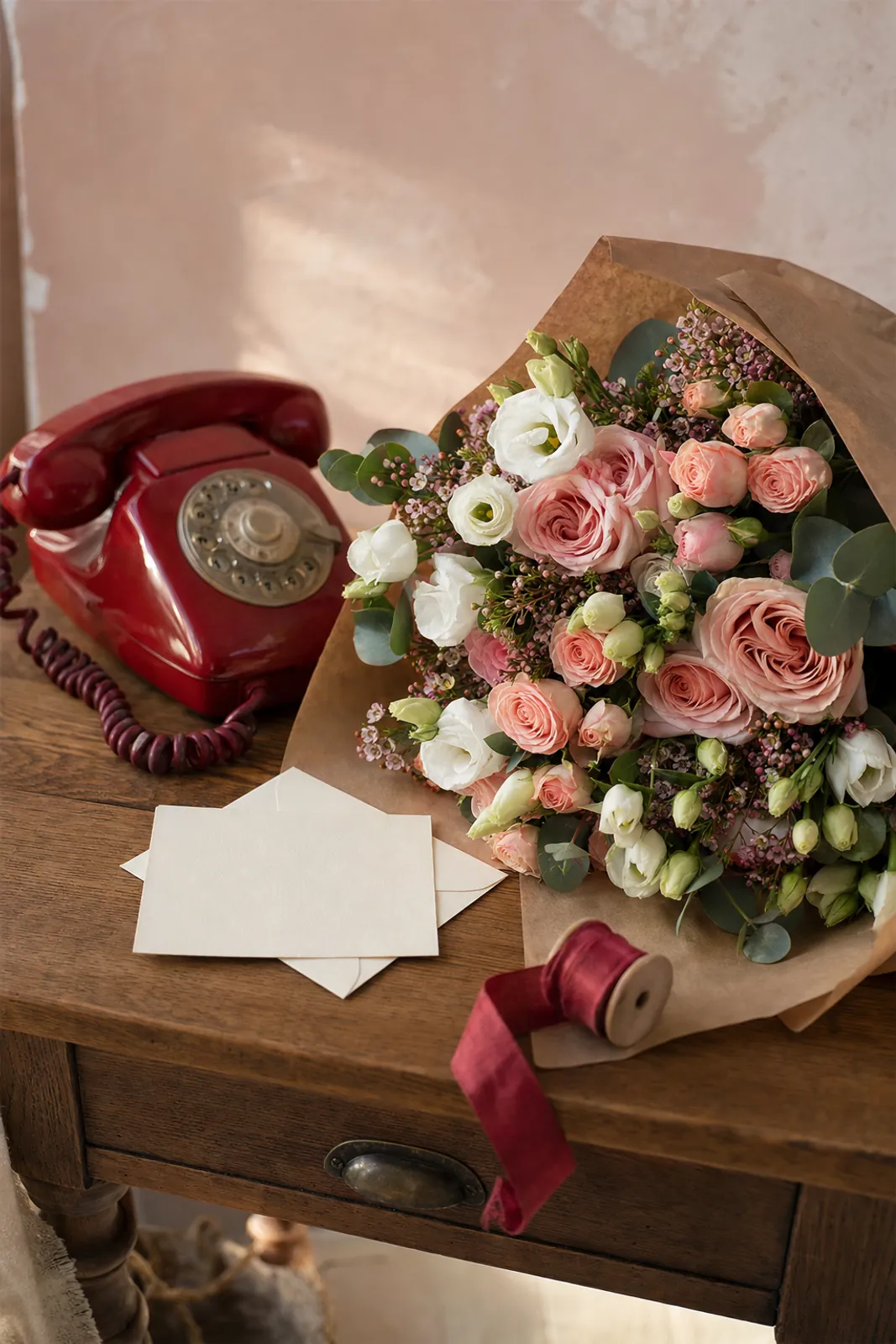 A garnet rotary telephone beside a kraft-wrapped bouquet of roses, lisianthus and wax flower