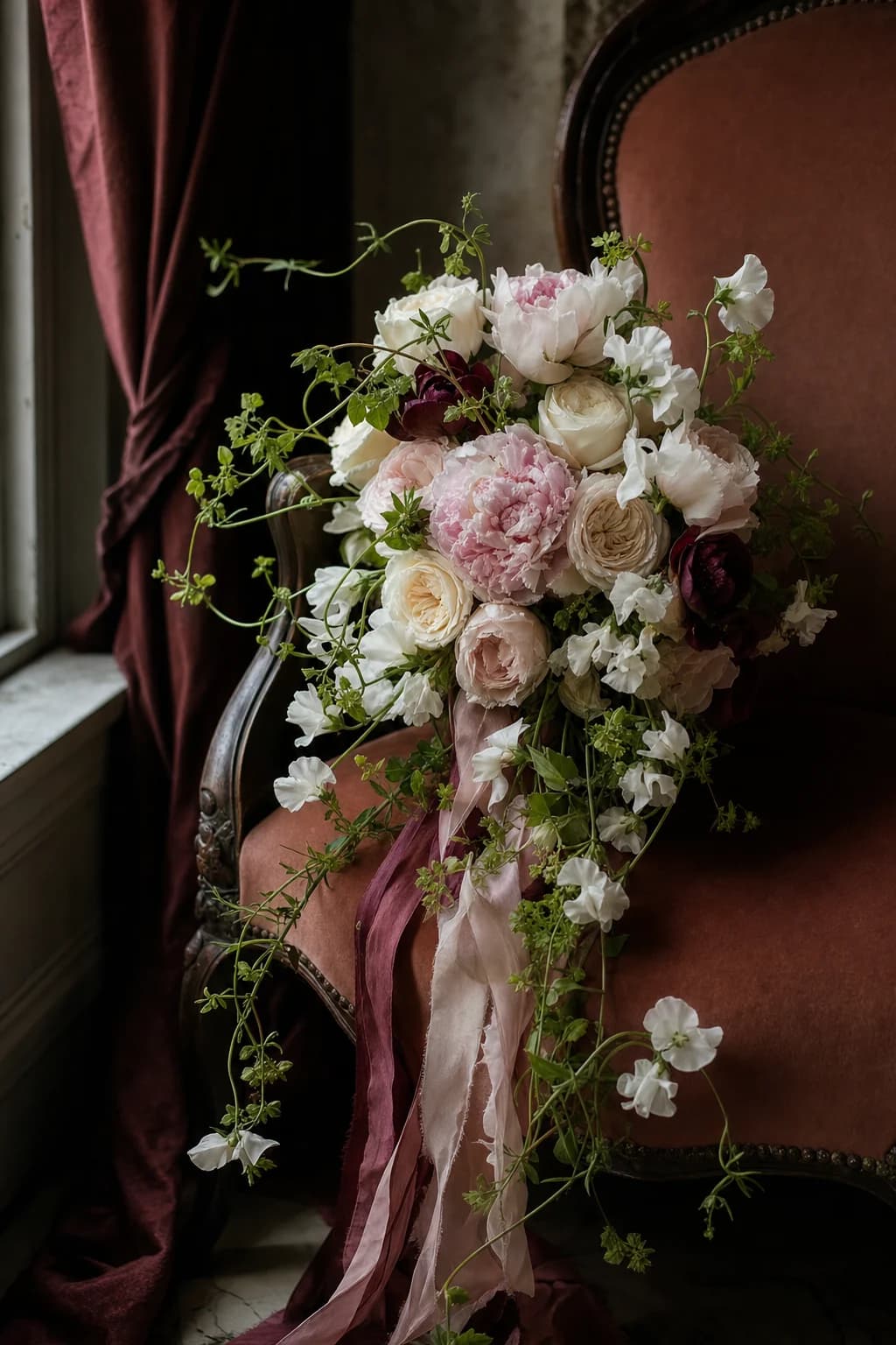 Cascading bridal bouquet of blush peonies, ivory garden roses, white sweet peas and trailing greenery with pink and burgundy silk ribbons, resting on a velvet chair