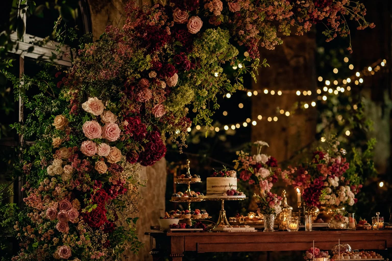 Flower arch of pink, peach and ivory roses with deep red blooms and spilling greenery, framing a candlelit dessert table under string lights