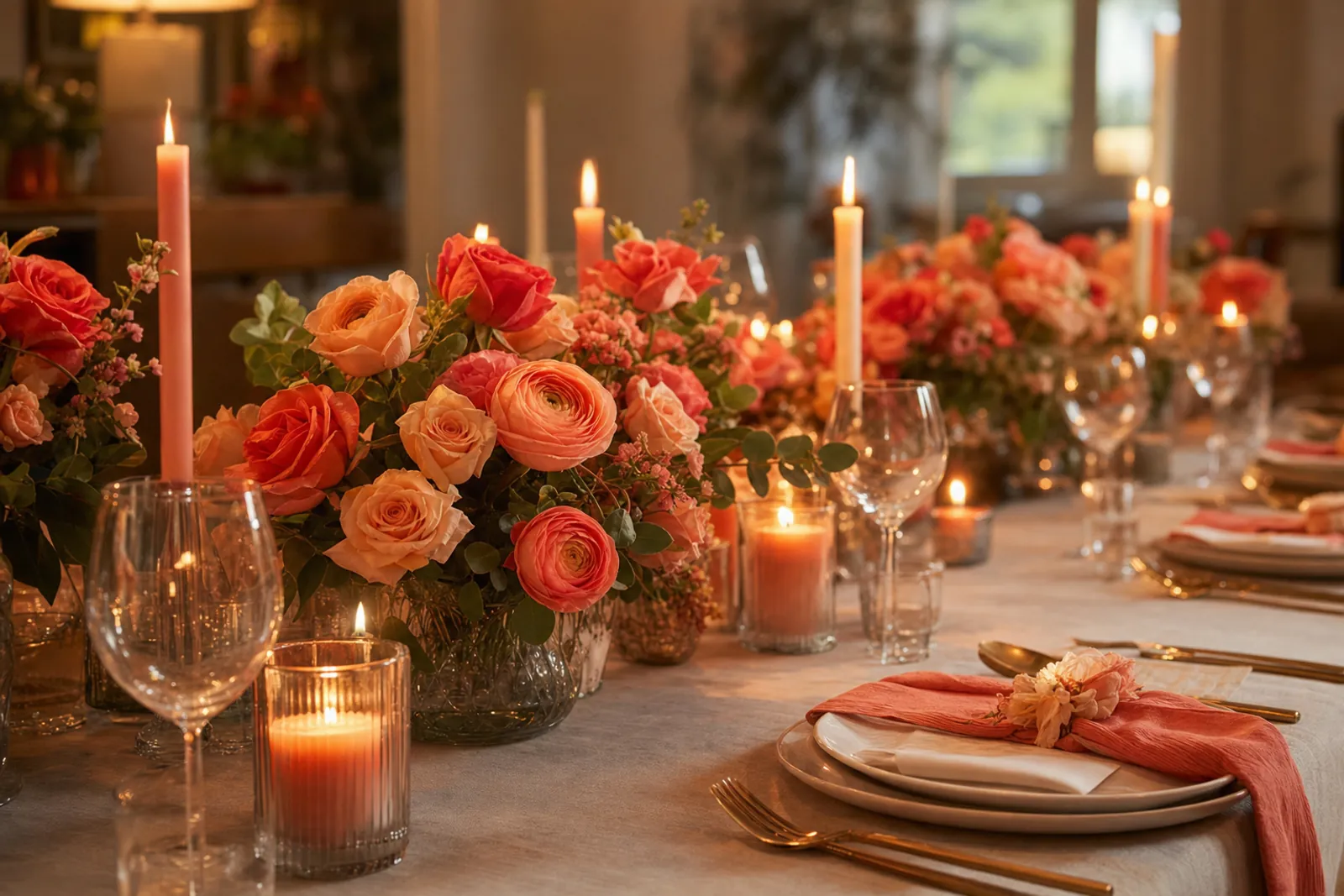 Candlelit dinner table with low arrangements of coral and peach roses and ranunculus, coral taper candles and a napkin tied with a flower