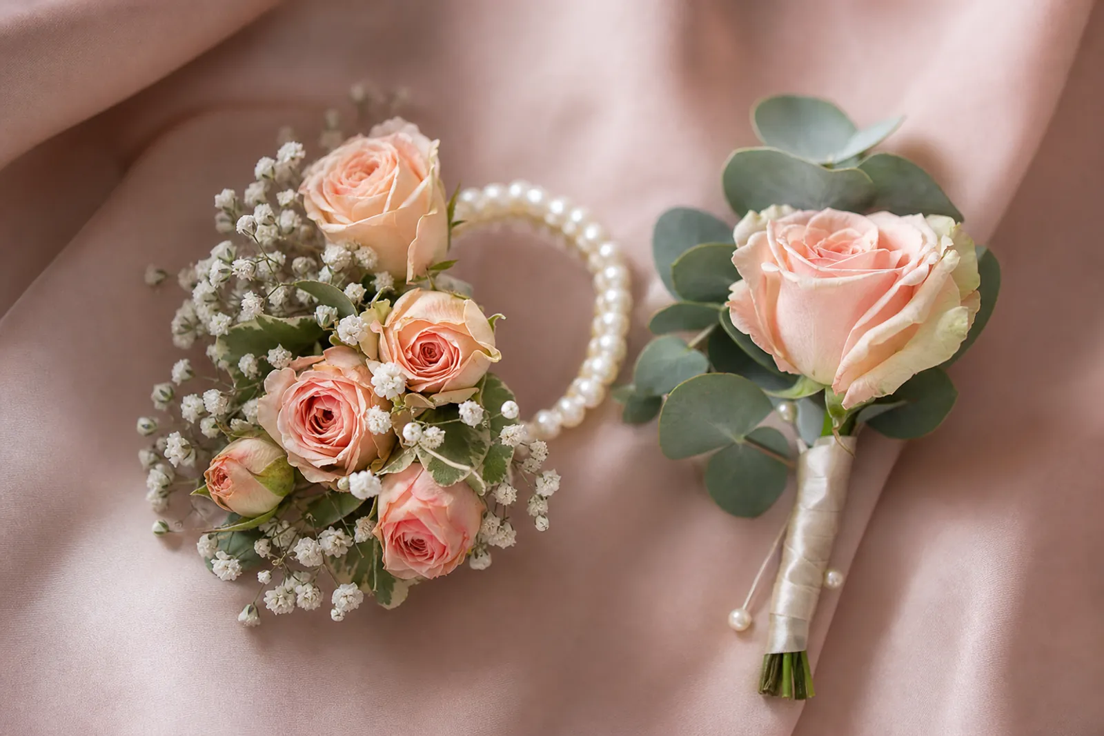Wrist corsage of peach-pink spray roses and baby's breath on a pearl band, next to a single pink rose boutonniere with eucalyptus and an ivory ribbon-wrapped stem