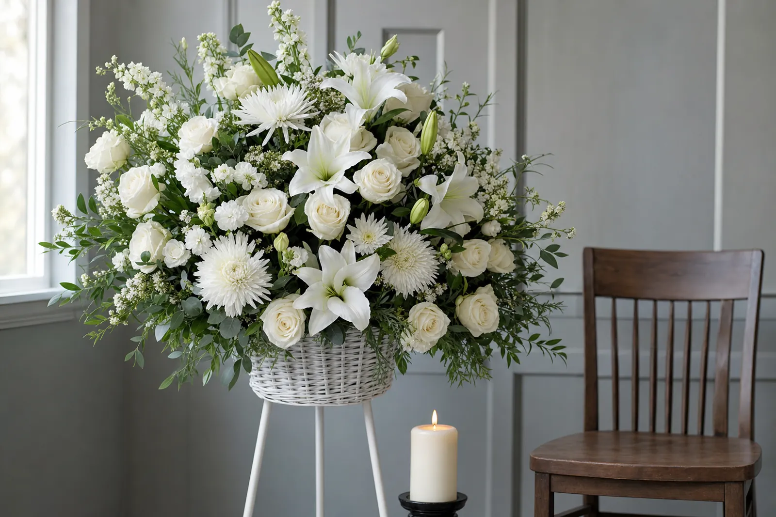 White funeral basket of roses, lilies, chrysanthemums and stock on a stand, beside a lit candle and a wooden chair