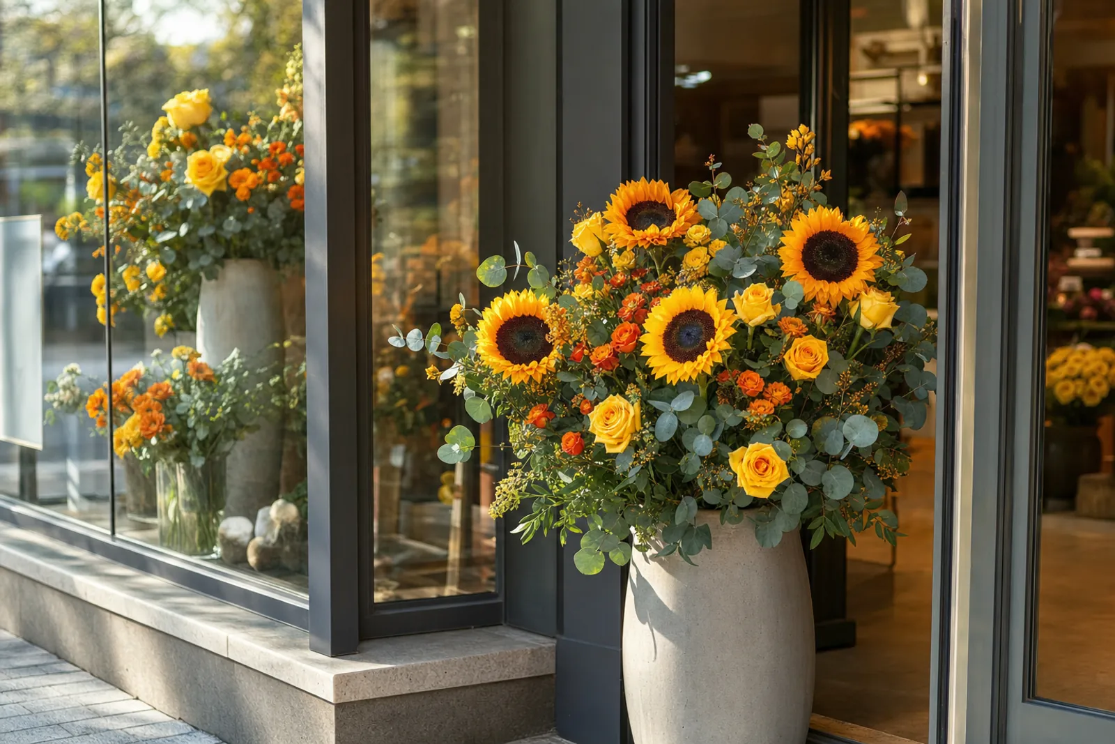 Sunflowers, yellow roses and small orange roses with eucalyptus in a tall stone planter beside a shop's front door