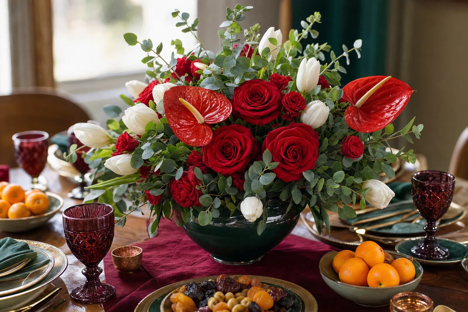 Red roses, red anthurium and white tulips with eucalyptus in a dark green bowl on a holiday table set with mandarins, dried fruit and ruby glasses