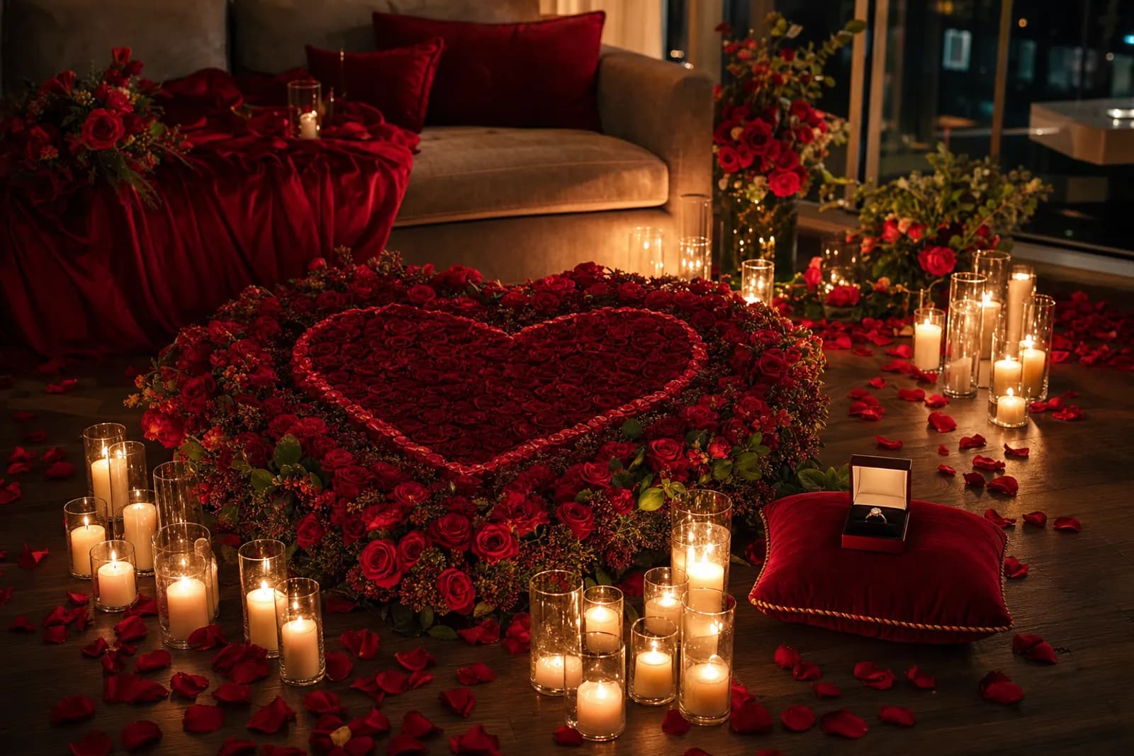 Heart of red roses on a living room floor, ringed by glass candles and scattered petals, with a ring box on a red velvet cushion