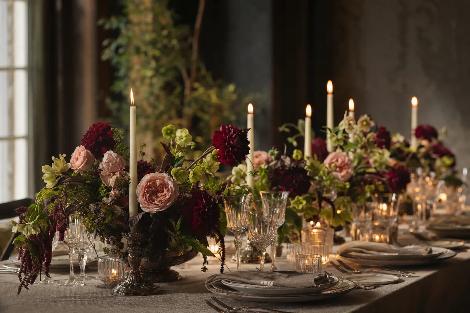 Wedding table set with low flower arrangements