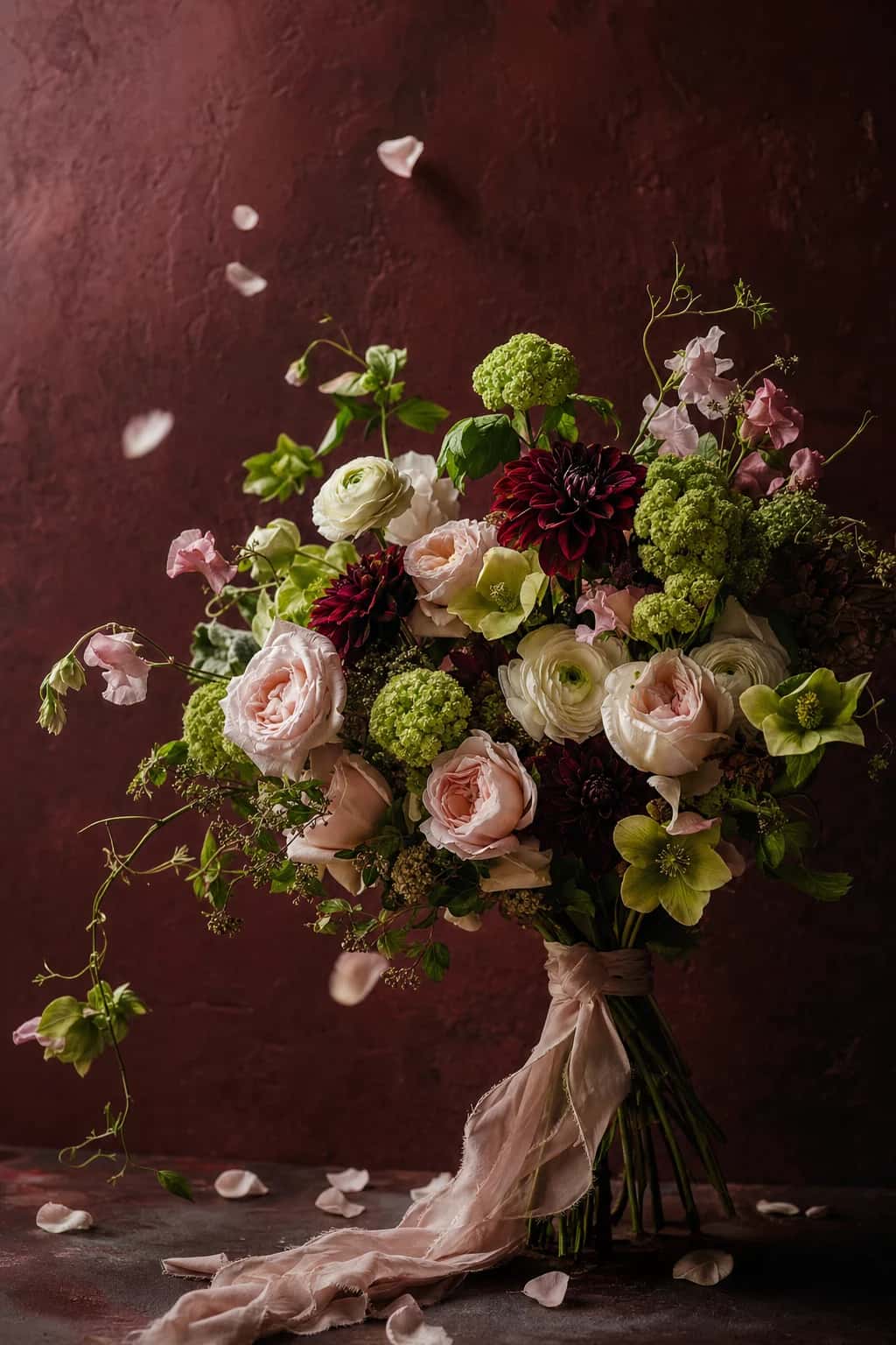 A hand-tied bouquet of burgundy dahlias, blush garden roses, cream ranunculus and green hellebores against a deep garnet wall