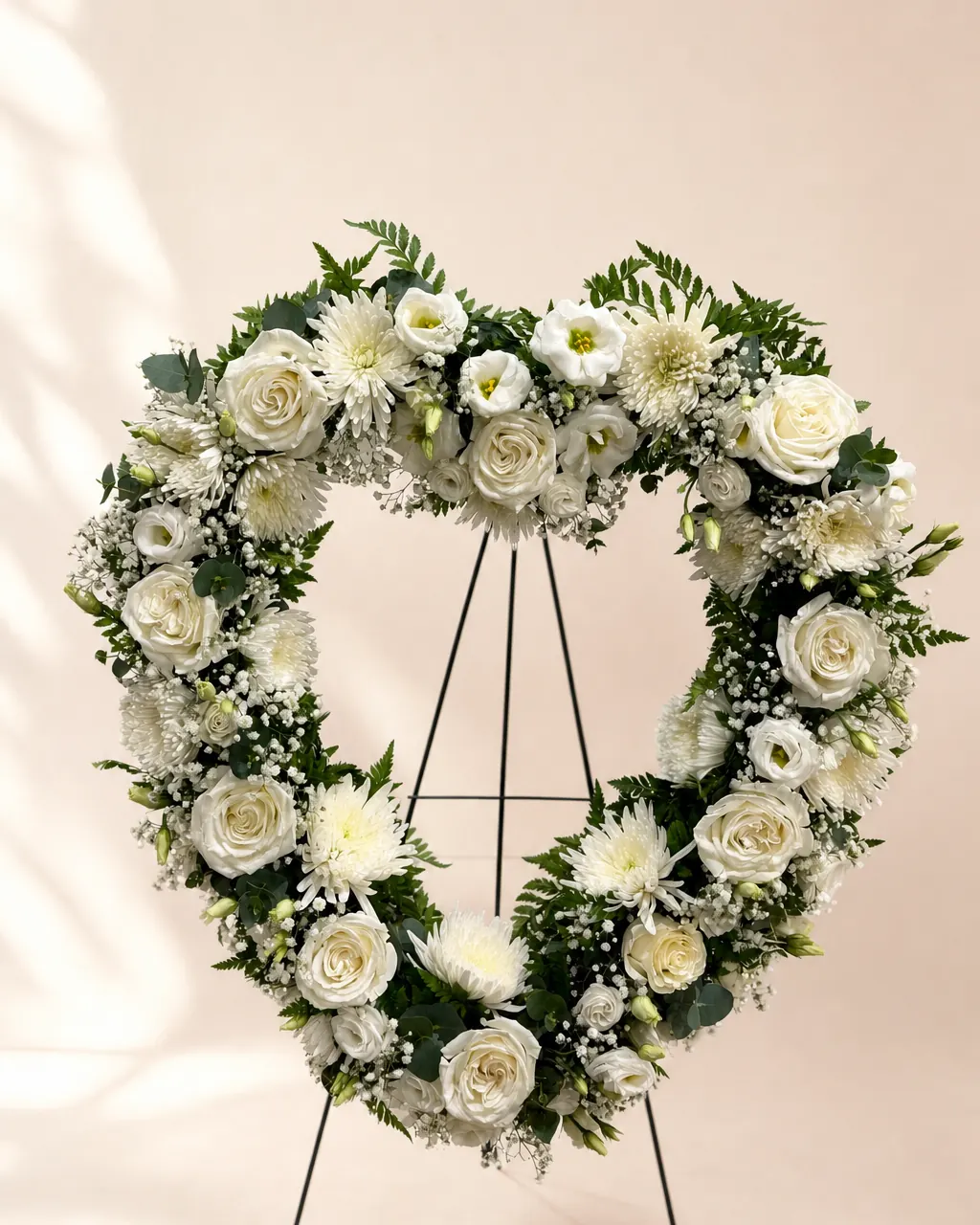 Open Heart: a heart-shaped wreath of white roses, chrysanthemums and lisianthus on fern and eucalyptus