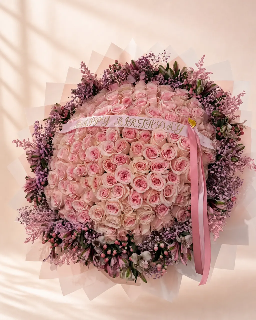 Wreathed in Pink: one hundred and fifty pink roses edged with alstroemeria and baby's breath, with a satin banner and pale pink wrap