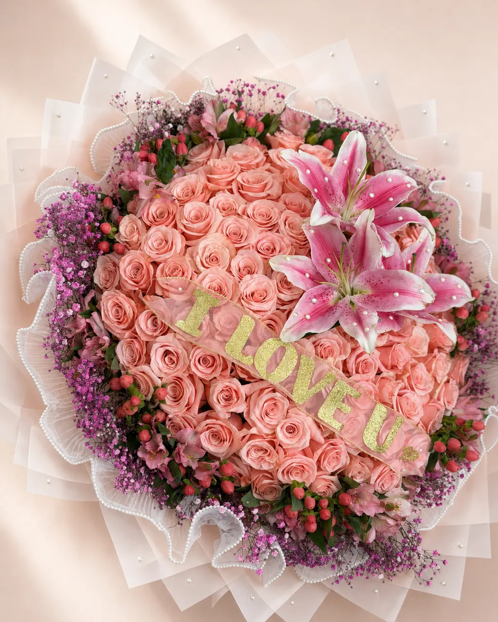 Coral Crown: one hundred coral-pink roses topped with pink lilies, with a sheer banner across the roses and peach wrapping