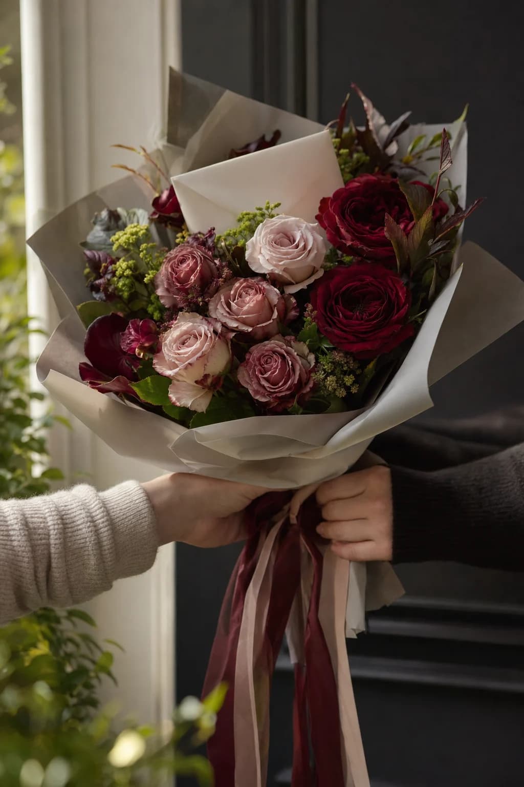 A bouquet of red and dusty pink roses being handed over at a front door