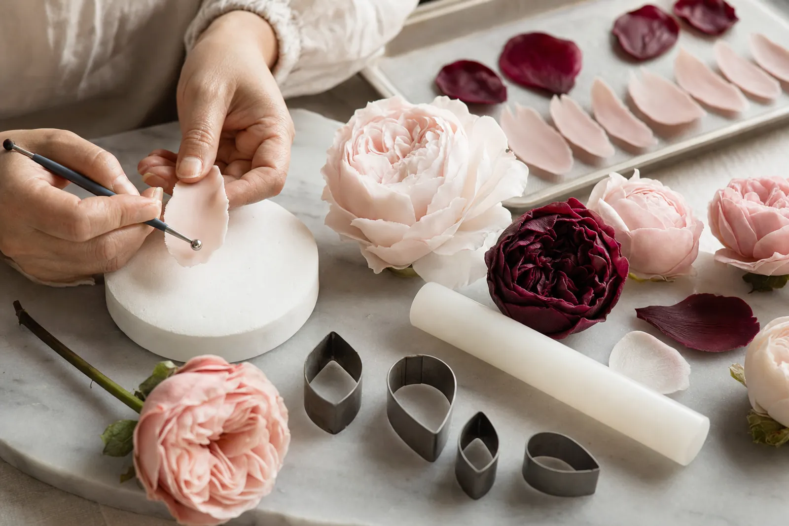 Hands thinning the edge of a petal made from flower paste, with finished paste roses beside a fresh rose