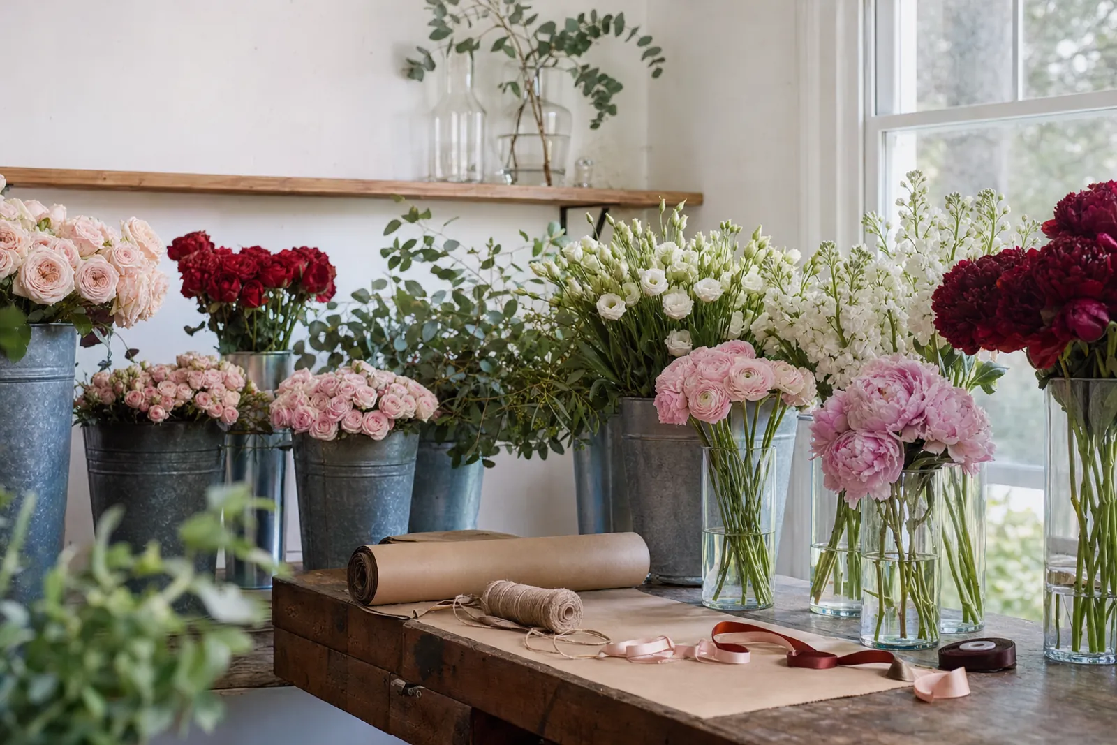 Buckets of fresh roses, ranunculus, peonies and stock waiting on a florist's workbench