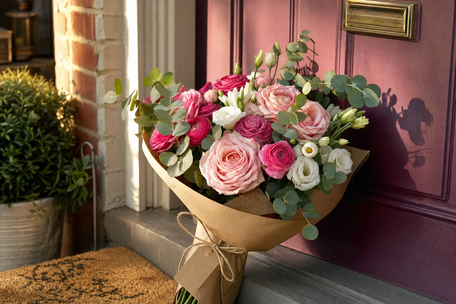 A Petal Post bouquet wrapped in kraft paper at a garnet front door