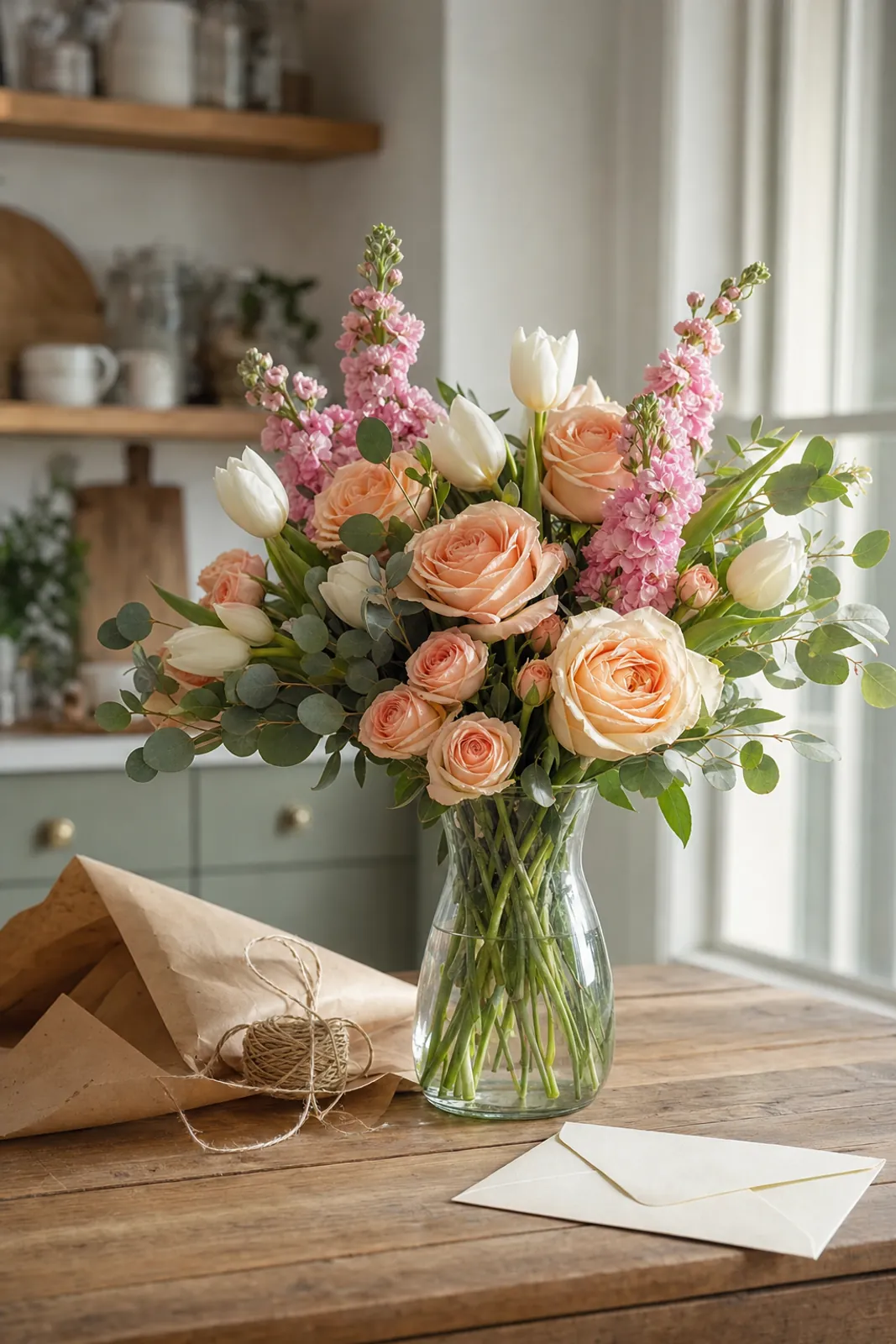 Seasonal flowers in a glass vase on a kitchen table