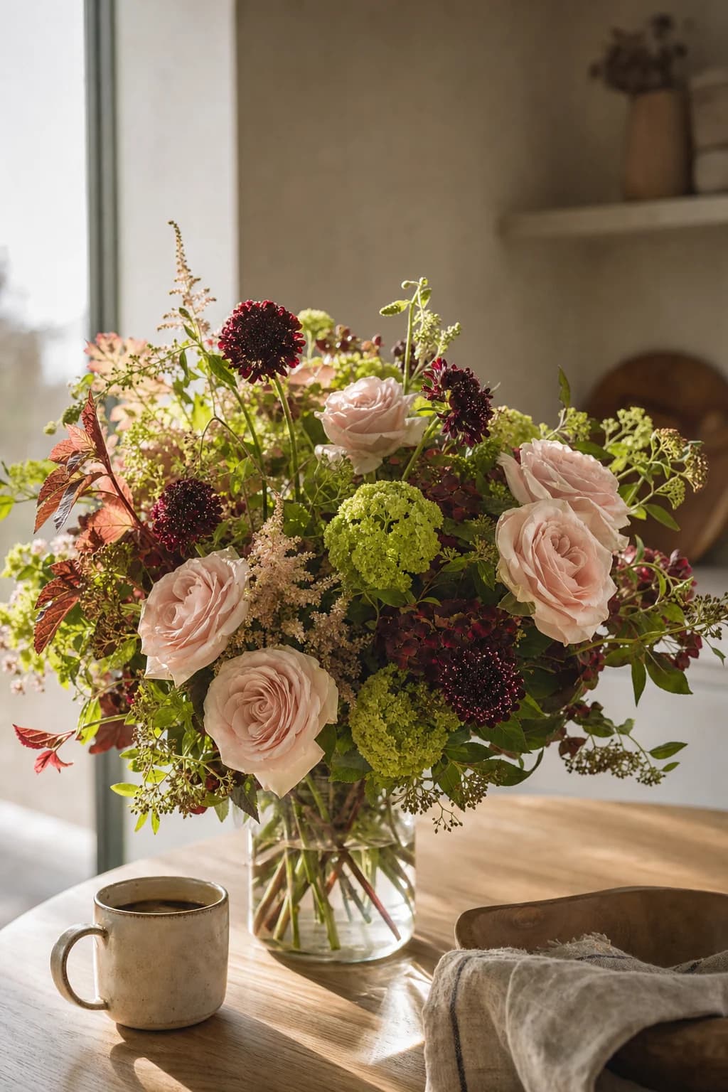 Roses and viburnum in a glass vase in morning light