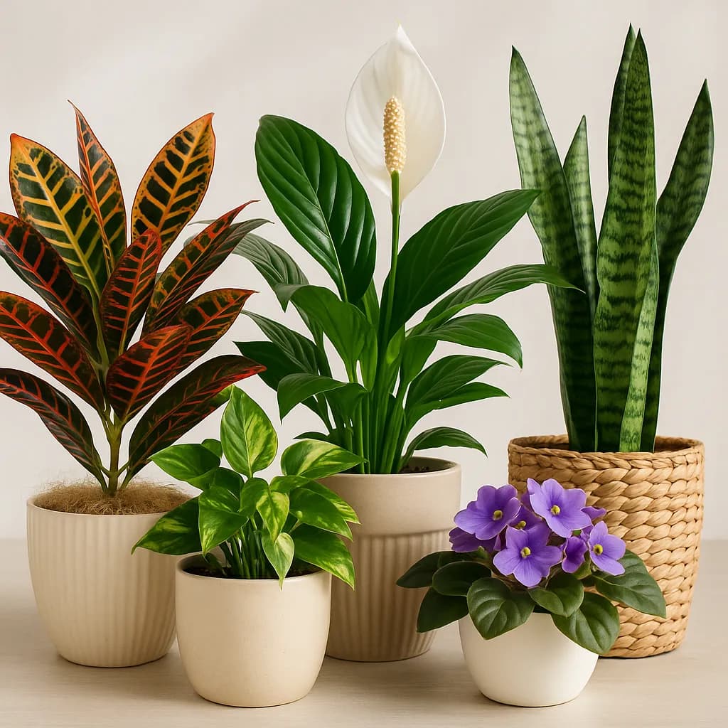 Potted croton, peace lily, pothos, snake plant and African violet grouped against a beige wall