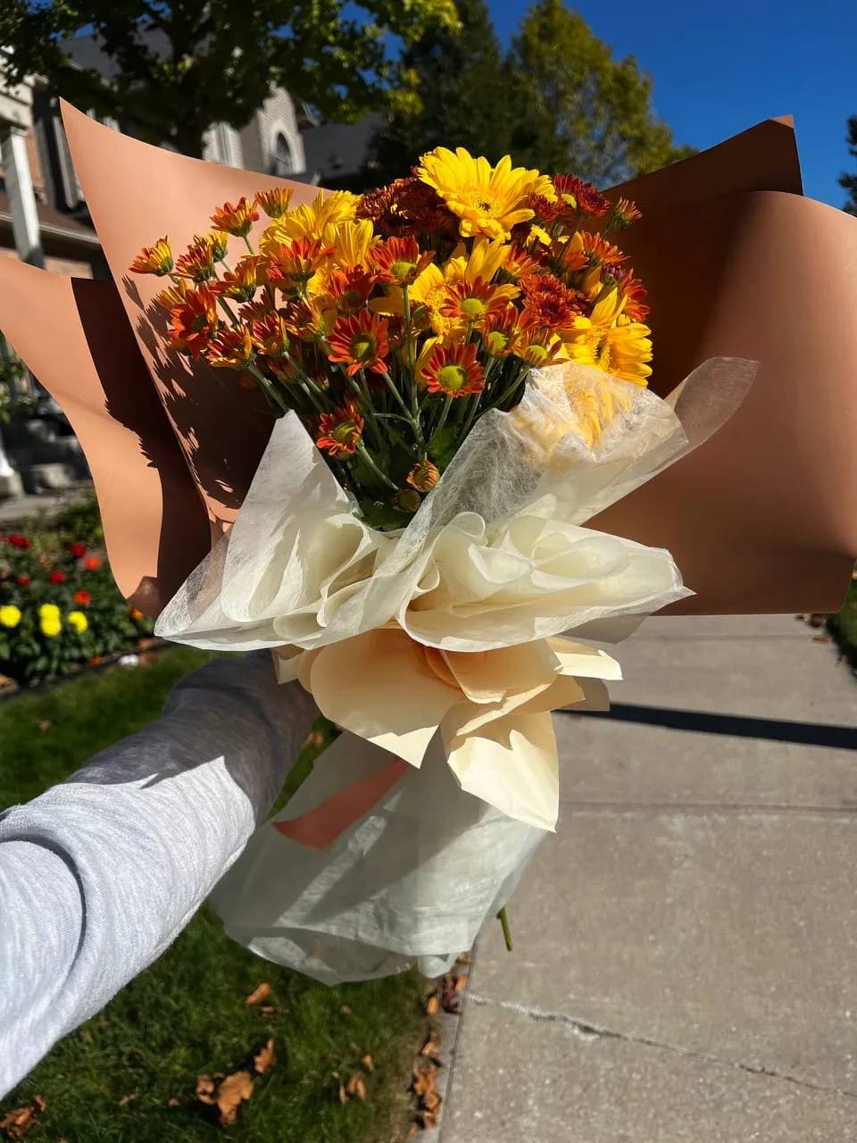 Hand holding an orange and yellow chrysanthemum bouquet in peach wrapping outdoors