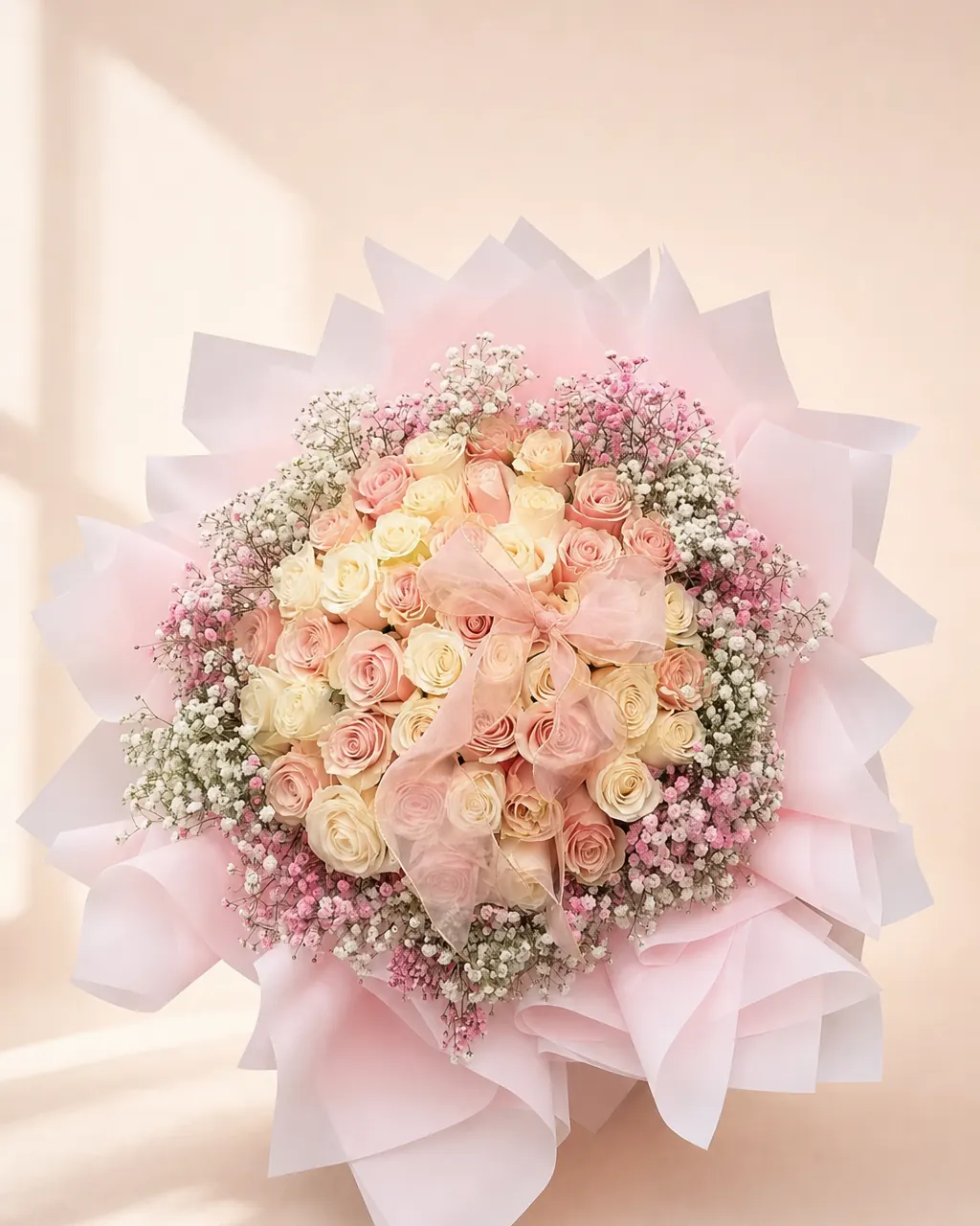 Blush Ring: 50 pink and white roses with a baby's breath rim, photographed on a blush backdrop