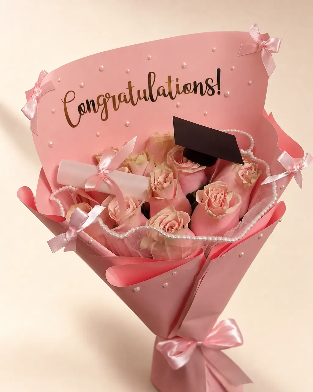 Cap and Pearls: 10 to 12 roses with a graduation banner, photographed on a blush backdrop