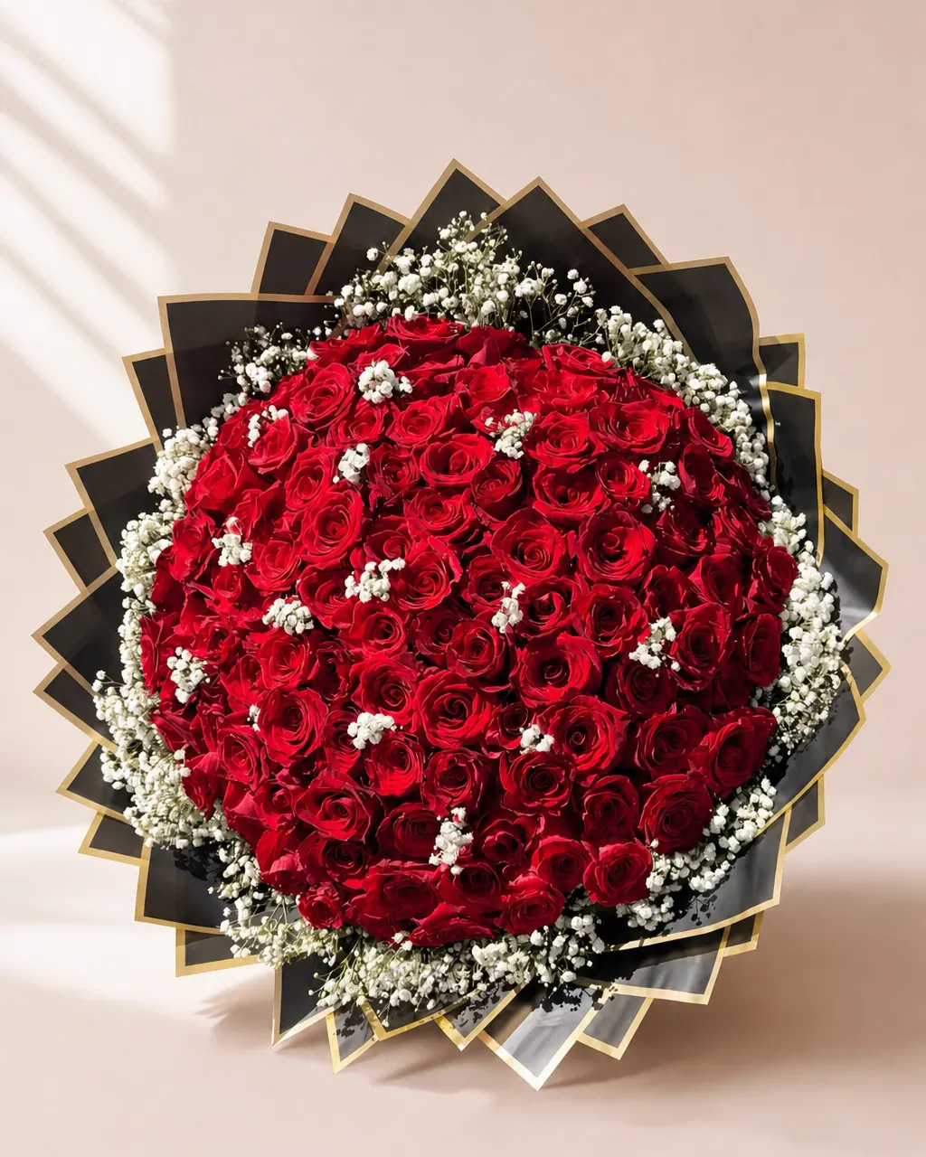 Gala Night: 100 red roses with baby's breath rim and bow, photographed on a blush backdrop