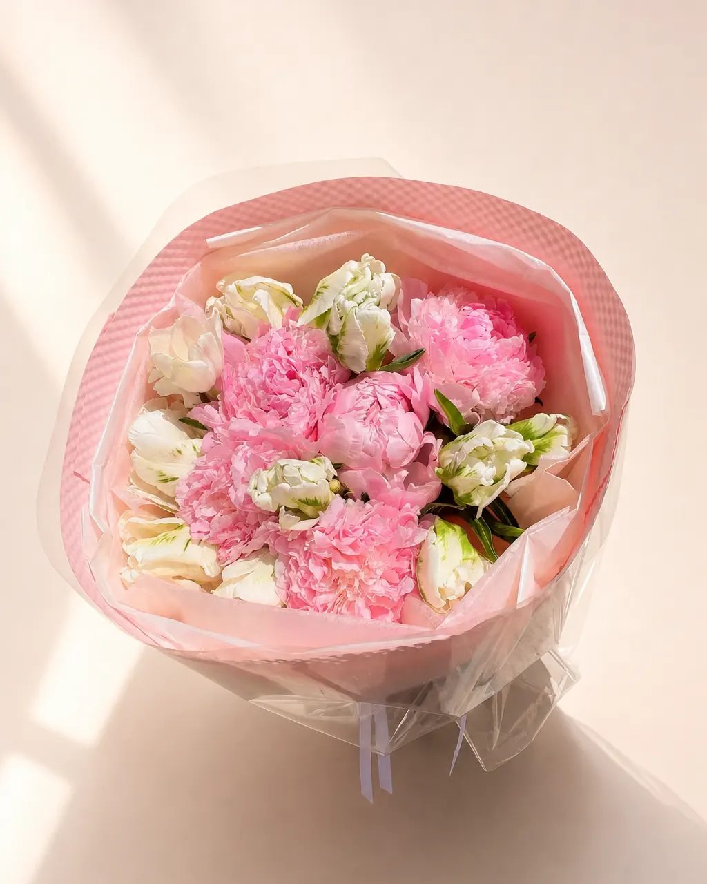 Garden Duet: 5 peonies and 10 tulips in premium wrap, photographed on a blush backdrop