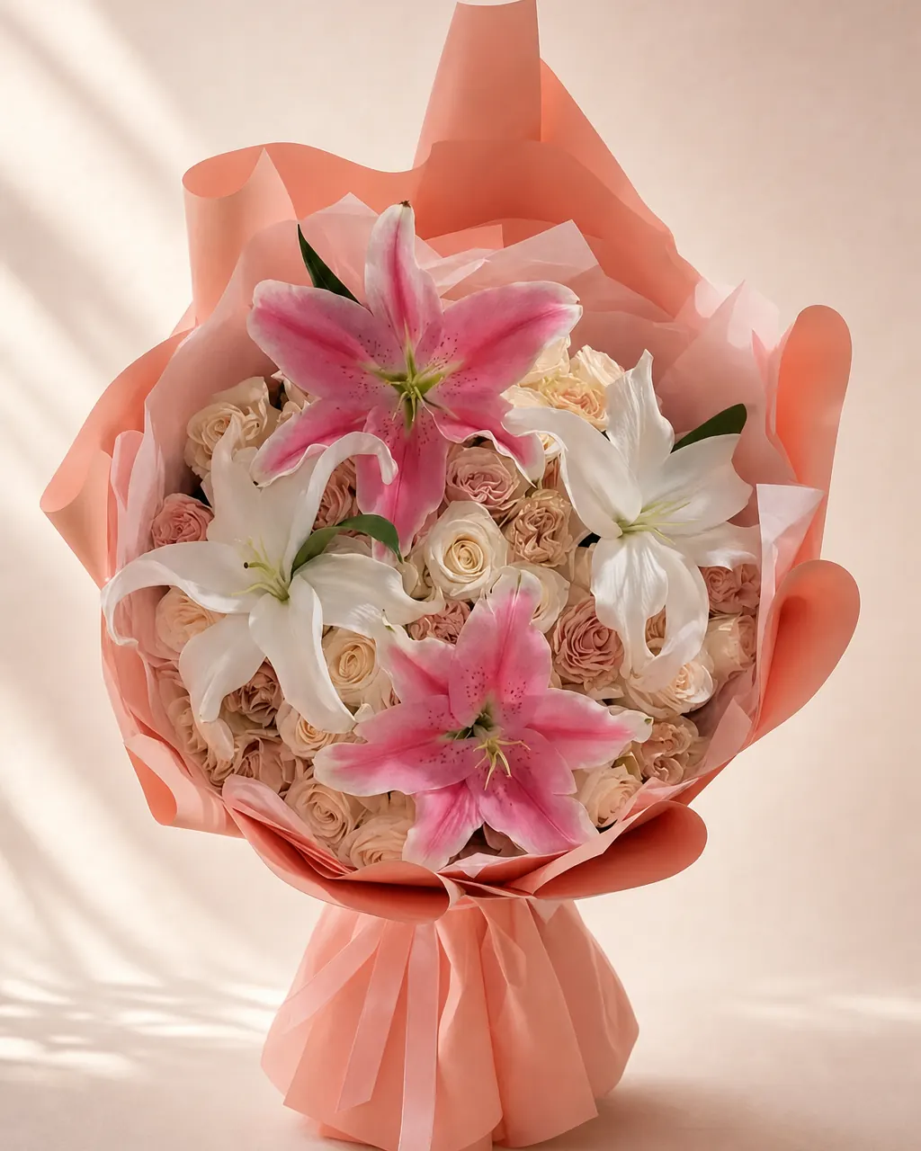 Lilies on Cream: 25 roses with a lily topper, photographed on a blush backdrop