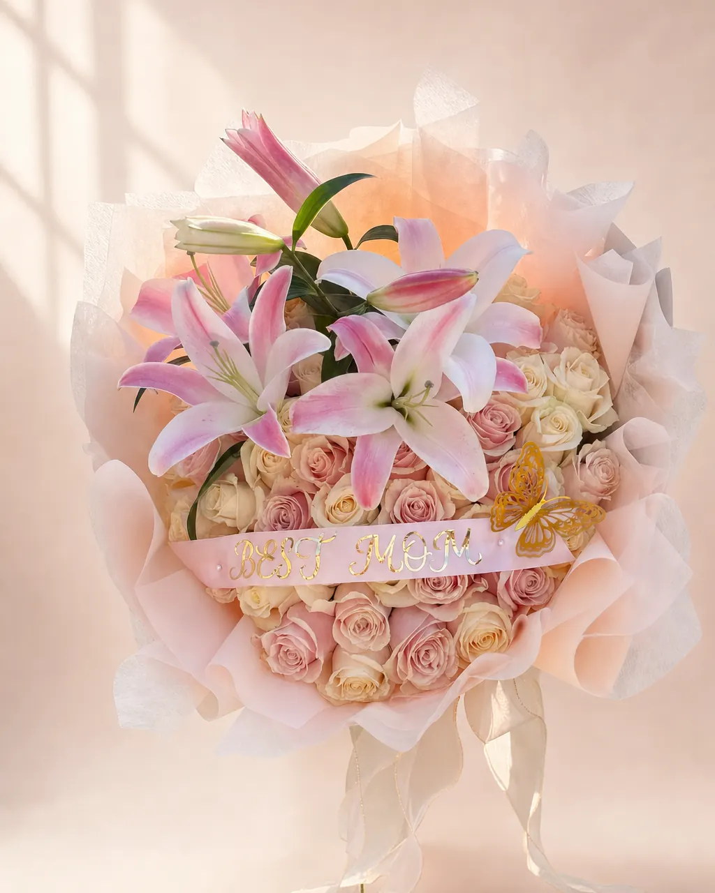 Lily Dedication: 50 white and pink roses, lily topper and banner, photographed on a blush backdrop