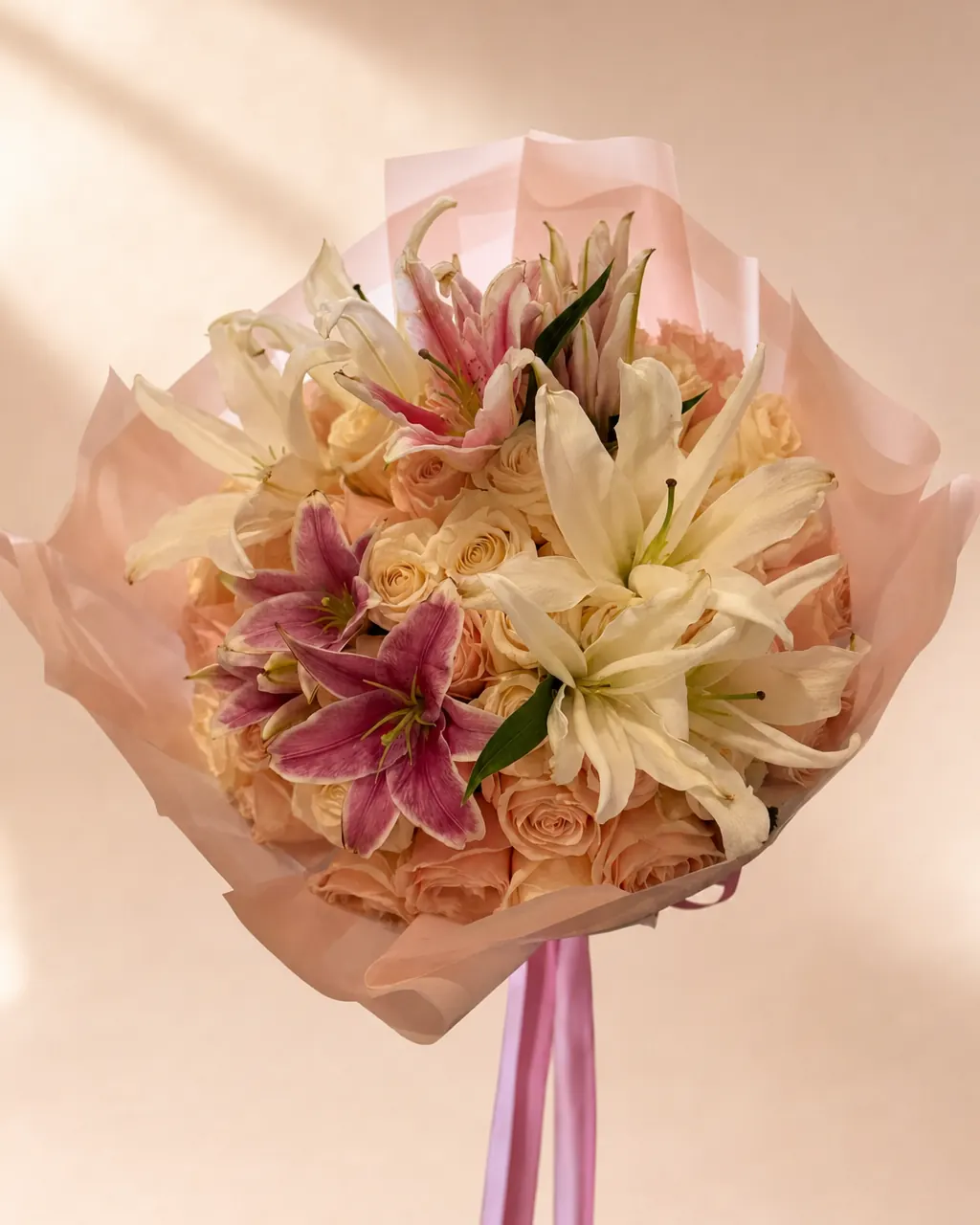 Lily Veil: 50 white and pink roses with a lily topper, photographed on a blush backdrop