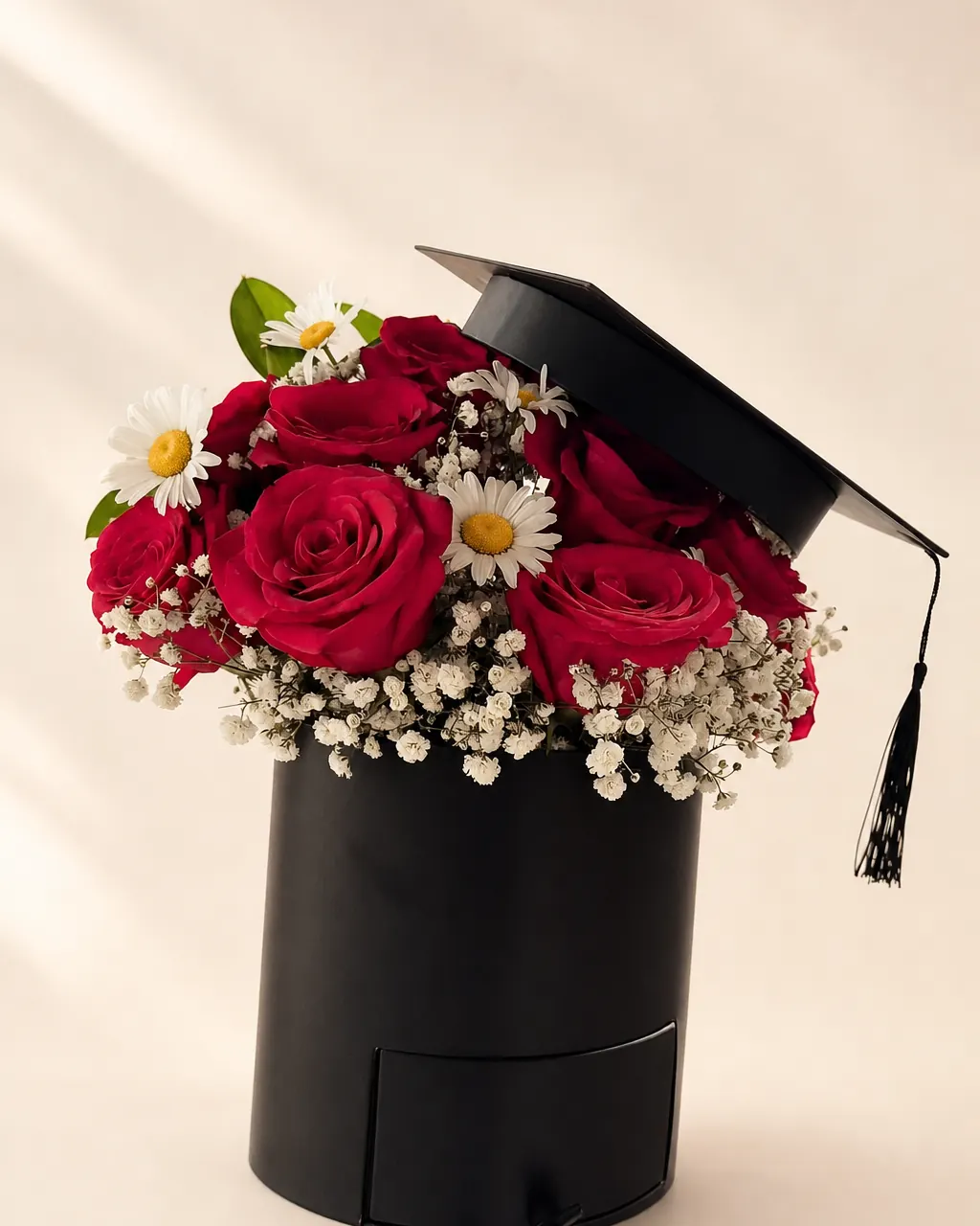 Mortarboard Box: Red roses and filler flowers in a grad box, photographed on a blush backdrop