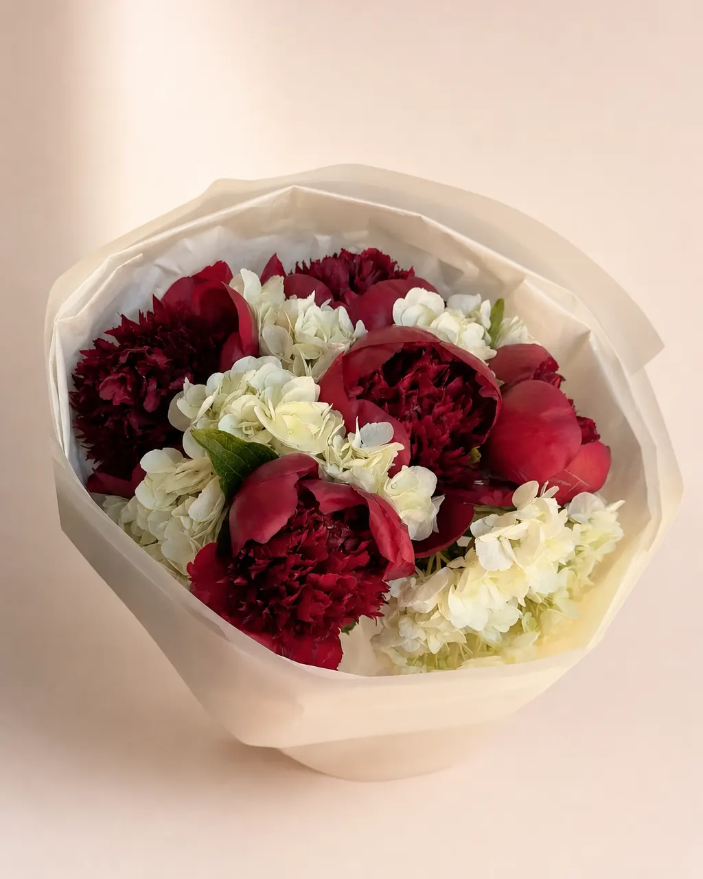 Peony Nest: Peonies with hydrangeas, in four sizes, photographed on a blush backdrop