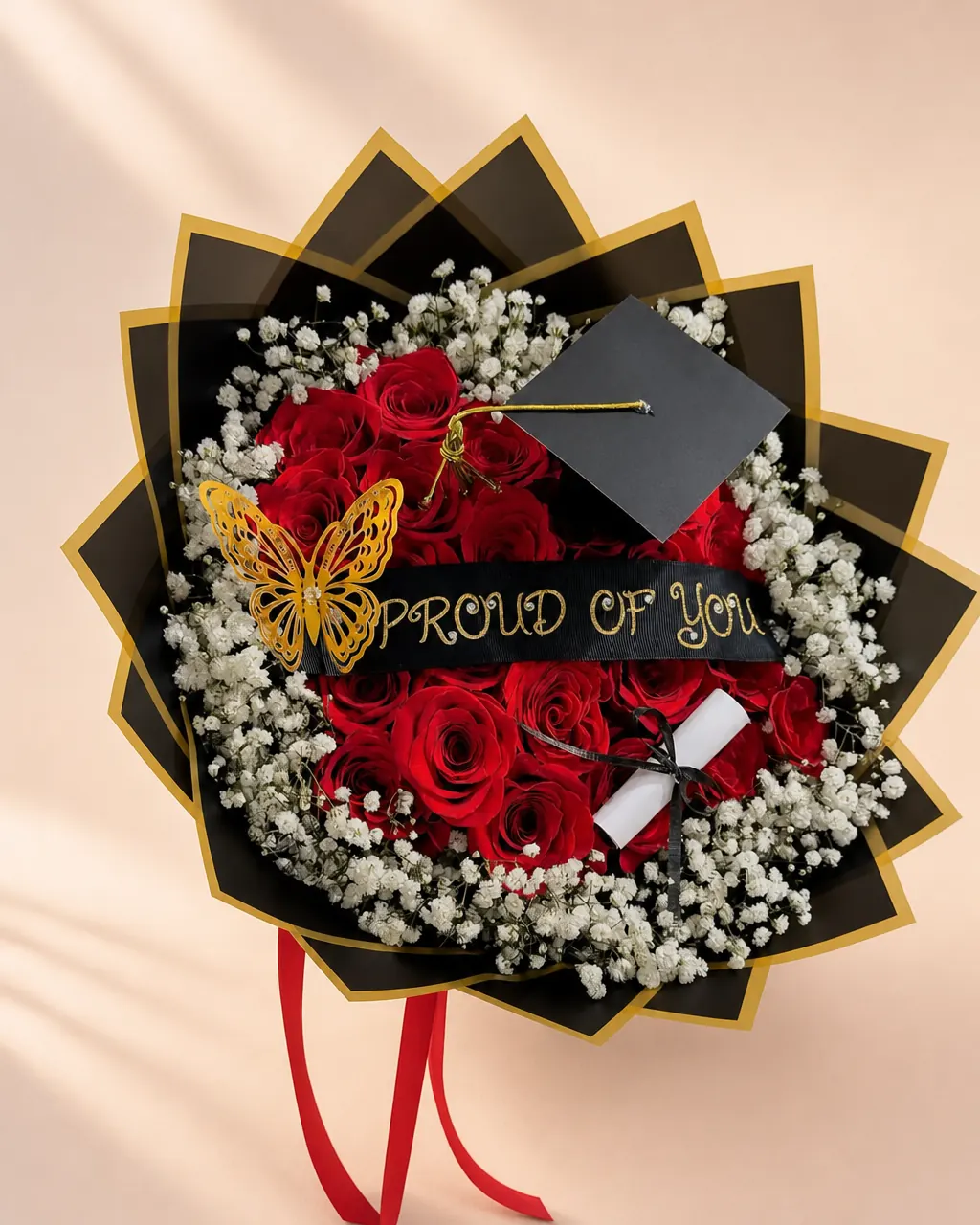 Proud Moment: Graduation rose bouquet, 25 to 100 roses, photographed on a blush backdrop