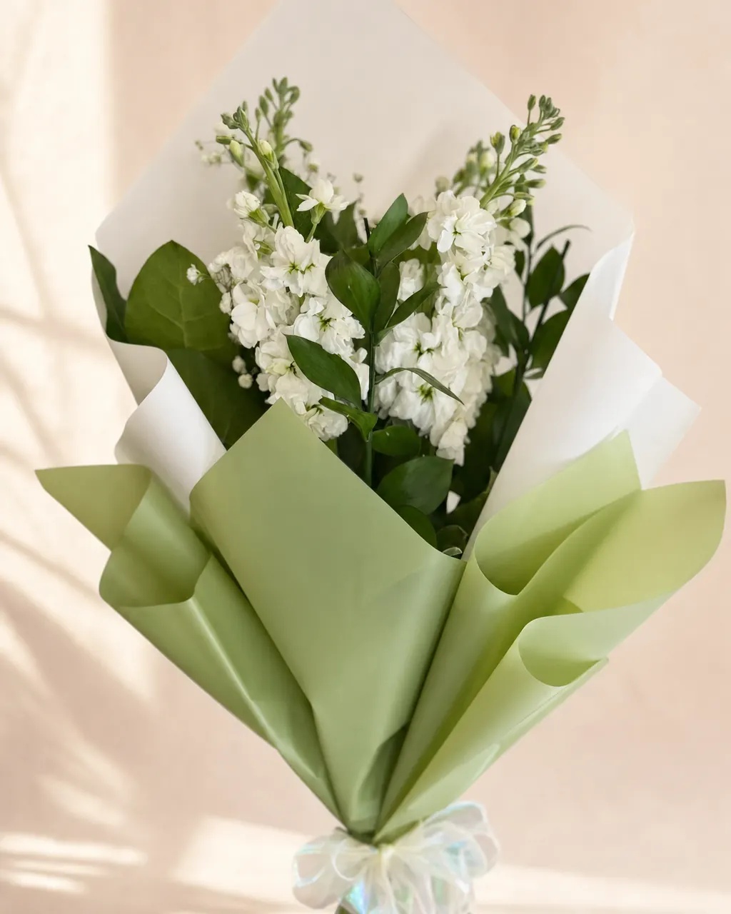 Sage and Stock: 10 white stocks in white and sage wrap, photographed on a blush backdrop