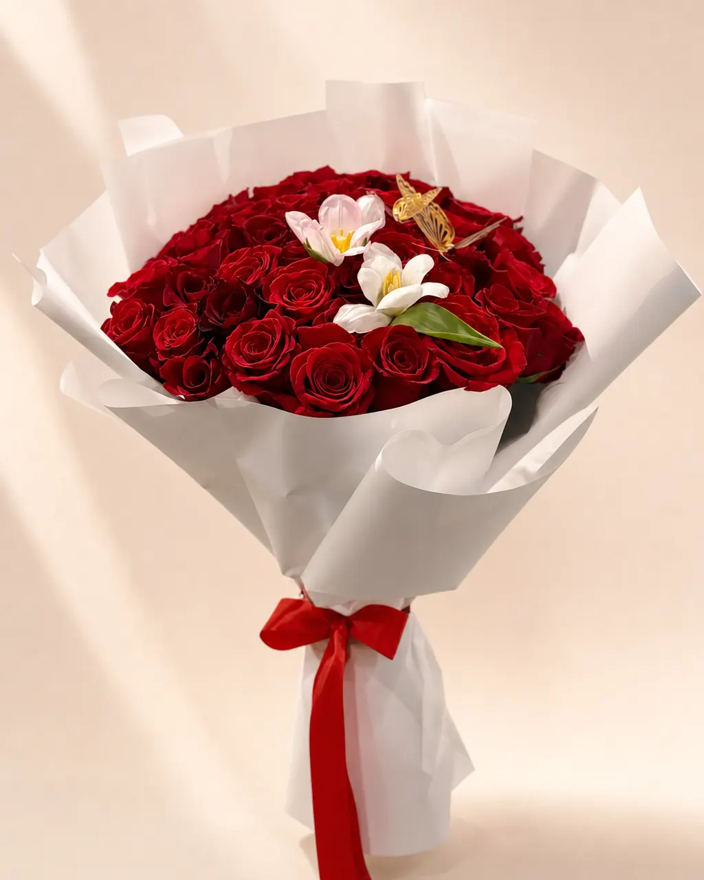 Snowfall Red: 25 premium red roses with a topper, white wrap, photographed on a blush backdrop
