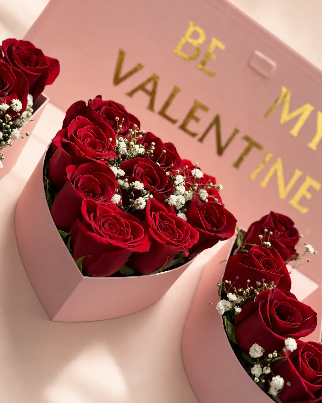 Spelled in Roses: 25 red roses in an "I love u" box with a custom note, photographed on a blush backdrop