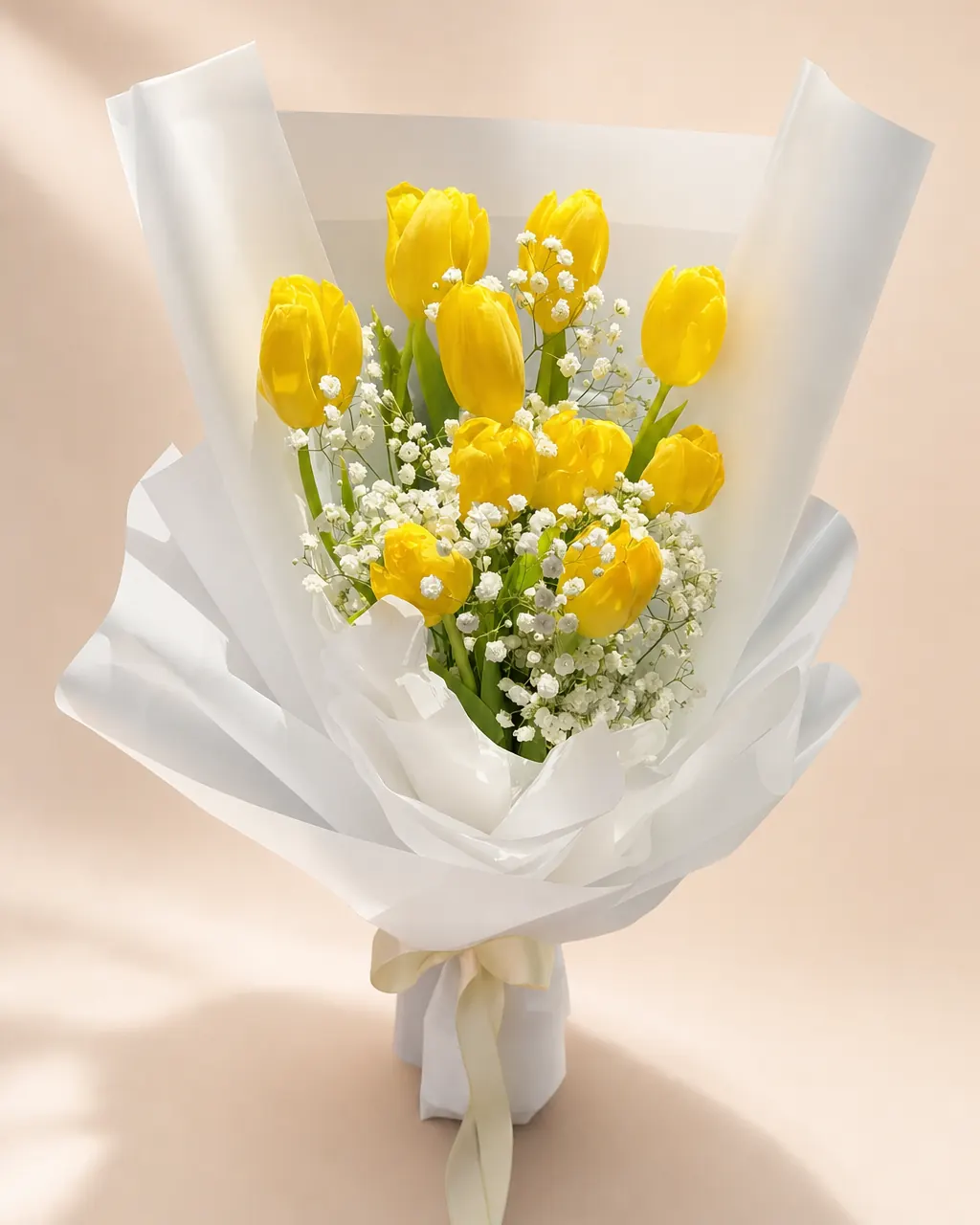 Tulip Lace: 10 tulips with baby's breath, photographed on a blush backdrop