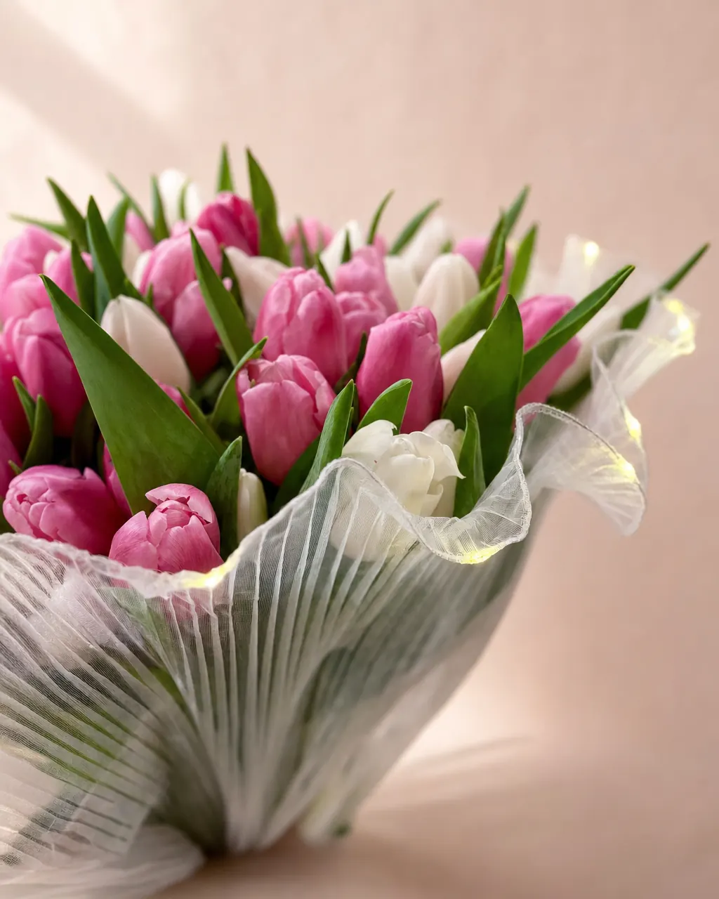 Tulip Lanterns: 50 mixed tulips with LED lights (seasonal), photographed on a blush backdrop