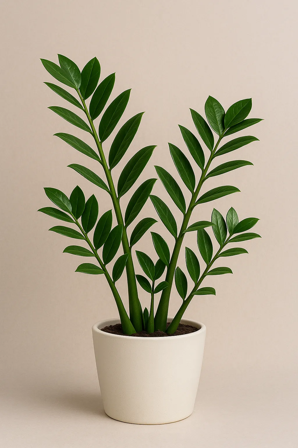 ZZ plant with glossy leaves in a cream pot