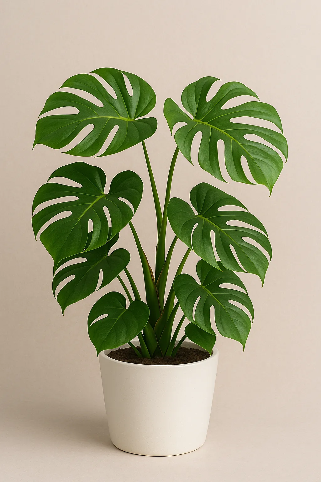 Monstera with split leaves in a cream pot